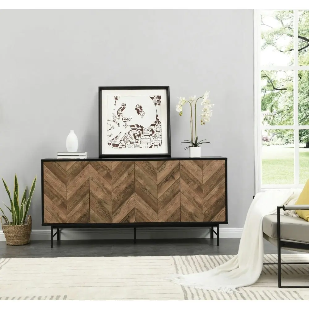 Design Square Magnus Buffet Unit Sideboard W/ 4-Doors Storage Cabinet - Walnut/Black