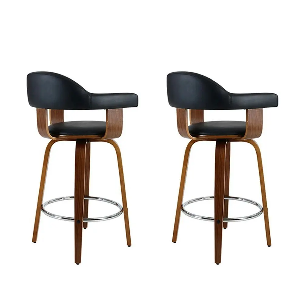 Set of 2 Bar Stools PU Leather Wooden Swivel - Wood, Chrome and Black