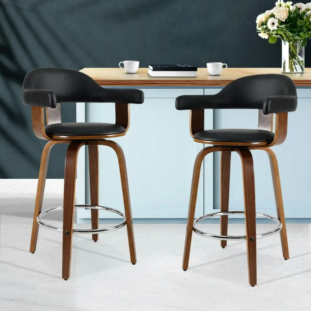 Set of 2 Bar Stools PU Leather Wooden Swivel - Wood, Chrome and Black