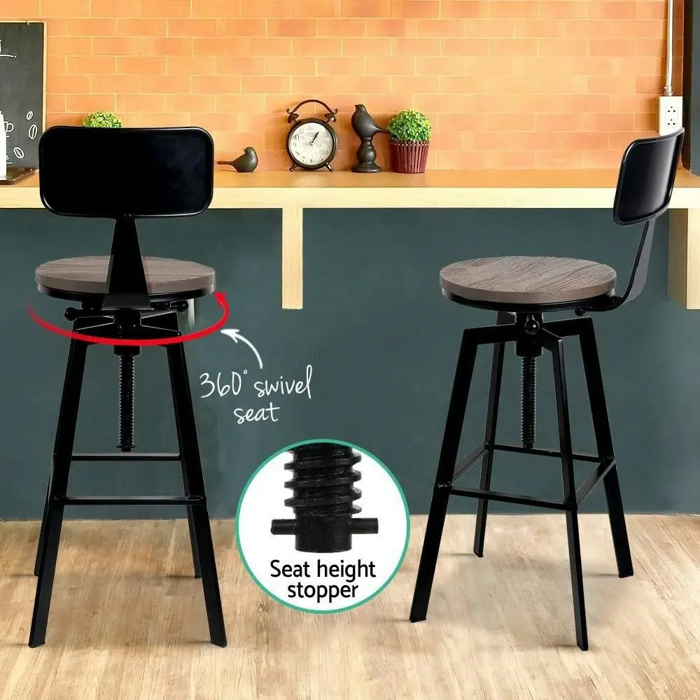 Set of 2 Rustic Industrial Style Metal Bar Stool - Black and Wood