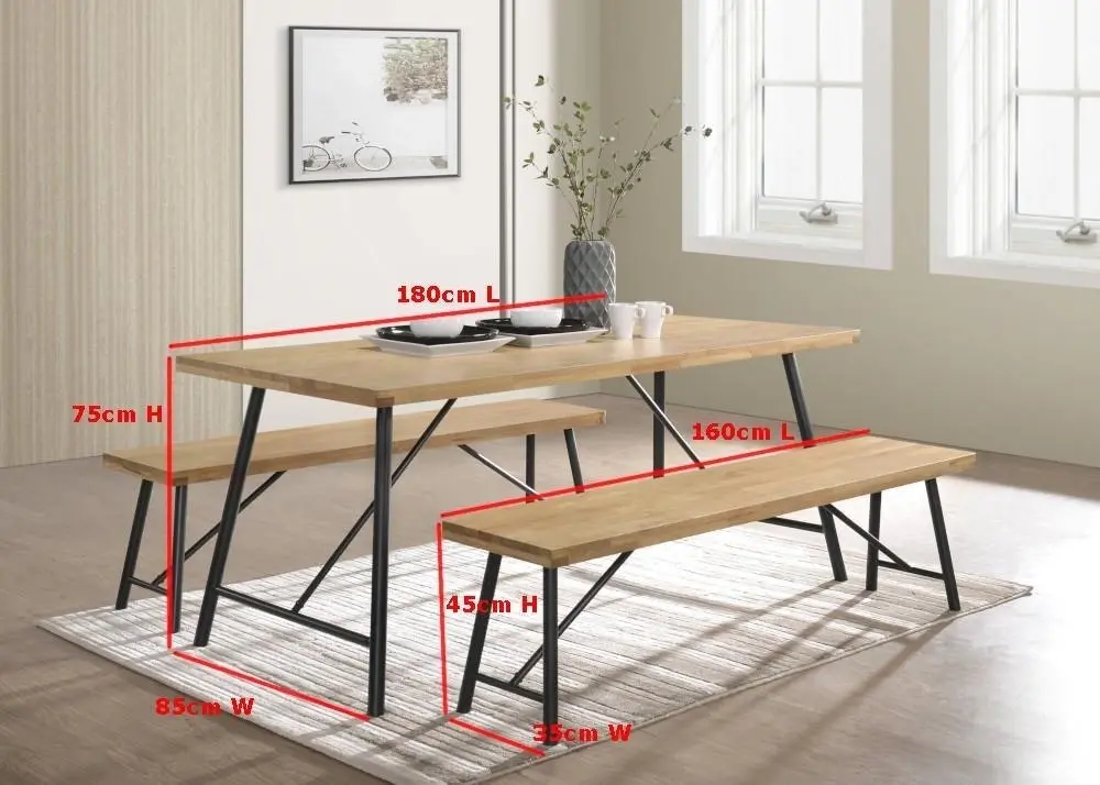 Vegas 6 Seater Dining Set 1.8m Rectangular Dining Table & 2 Benches - Maple