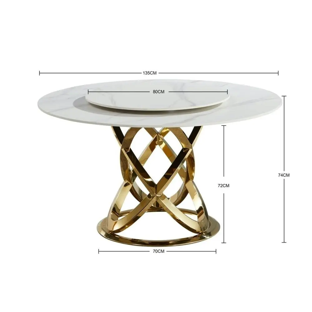 Our Home Hayes Luxurious Sintered Stone Round Dining Table 130cm W/ Lazy Susan - White & Gold