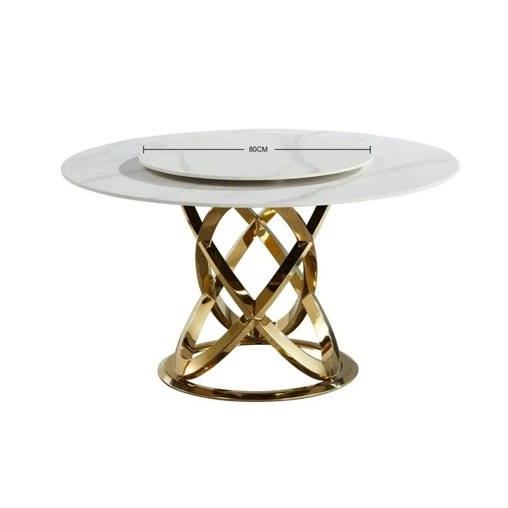 Our Home Hayes Luxurious Sintered Stone Round Dining Table 130cm W/ Lazy Susan - White & Gold