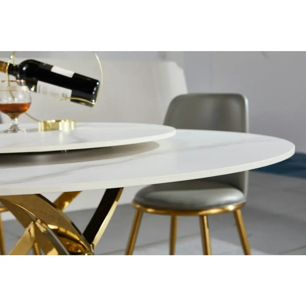 Our Home Hayes Luxurious Sintered Stone Round Dining Table 130cm W/ Lazy Susan - White & Gold