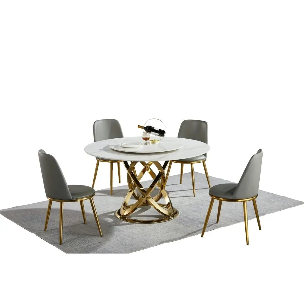 Our Home Hayes Luxurious Sintered Stone Round Dining Table 130cm W/ Lazy Susan - White & Gold