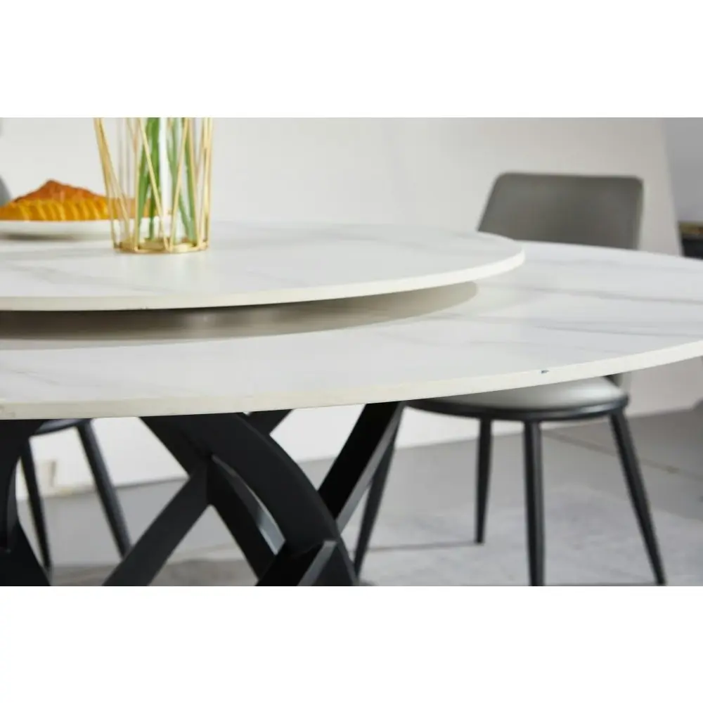 Our Home Hayes Luxurious Sintered Stone Round Dining Table 130cm W/ Lazy Susan - Black & White