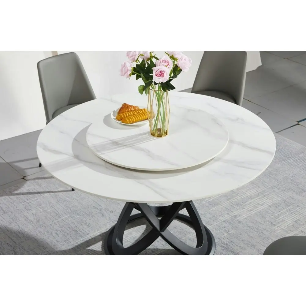 Our Home Hayes Luxurious Sintered Stone Round Dining Table 130cm W/ Lazy Susan - Black & White