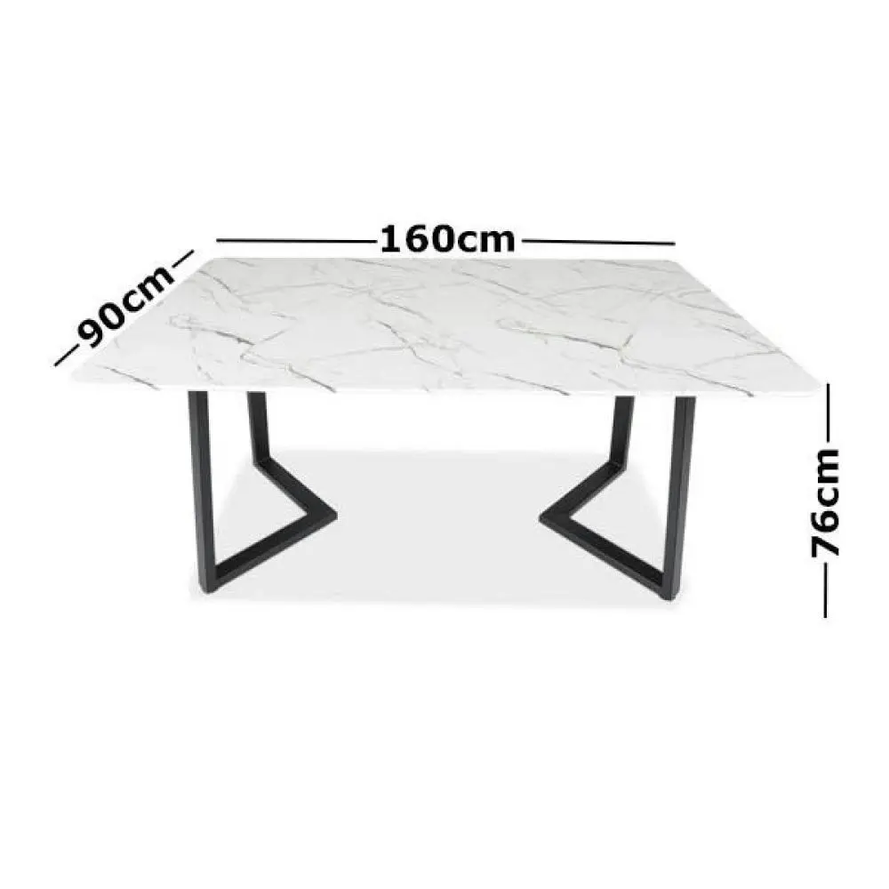 Raimon Furniture Leona Rectangular Dining Table With Marble Effect 160cm - Black Metal Frame - White Amore