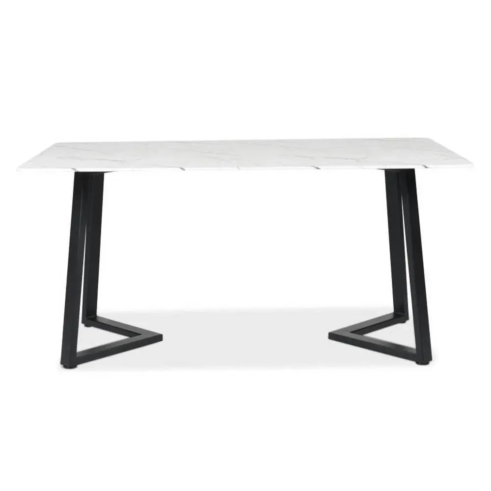 Raimon Furniture Leona Rectangular Dining Table With Marble Effect 160cm - Black Metal Frame - White Amore