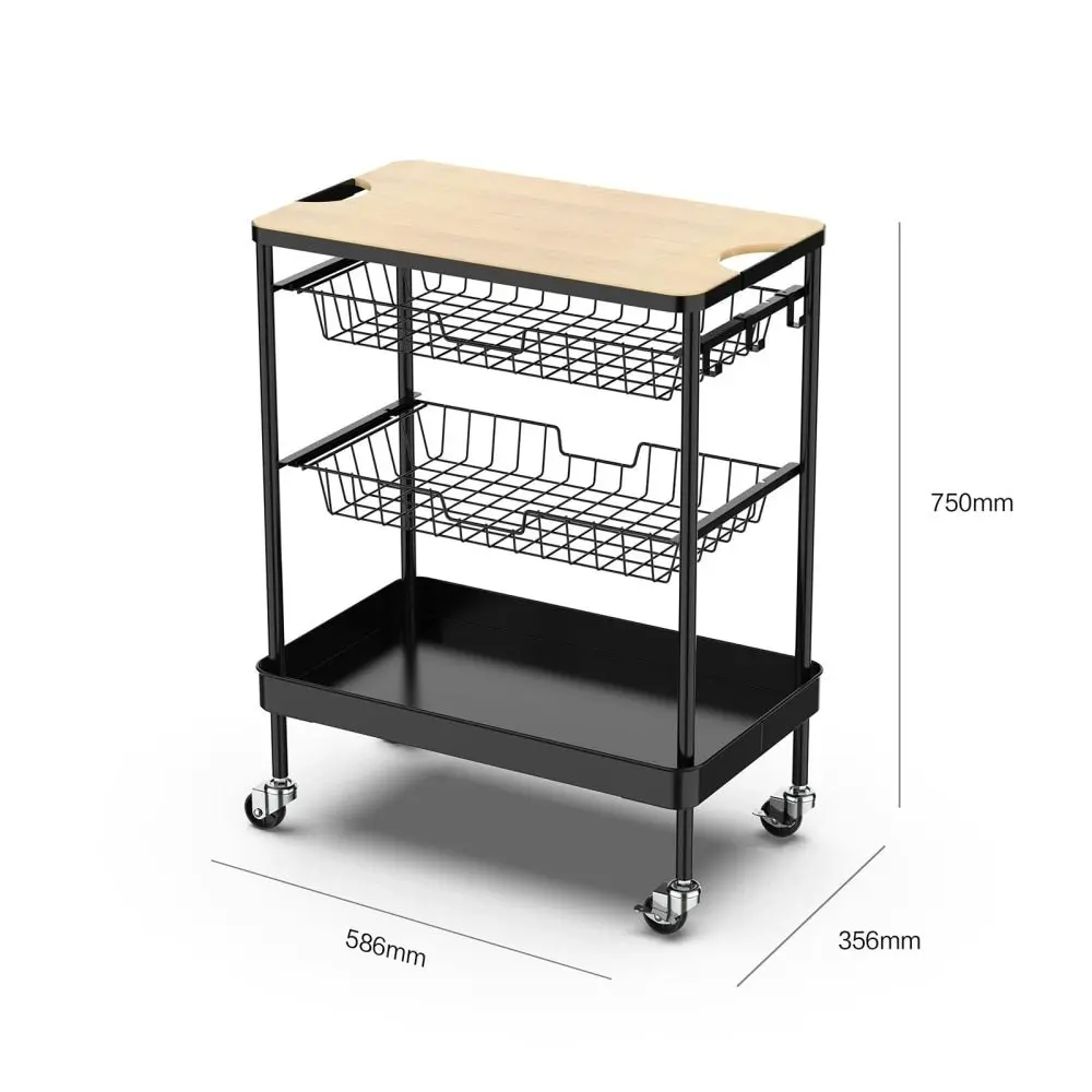 Sanna 3-Tier Kitchen Trolley Storage W/ Timber Bench Top - Black & Natural