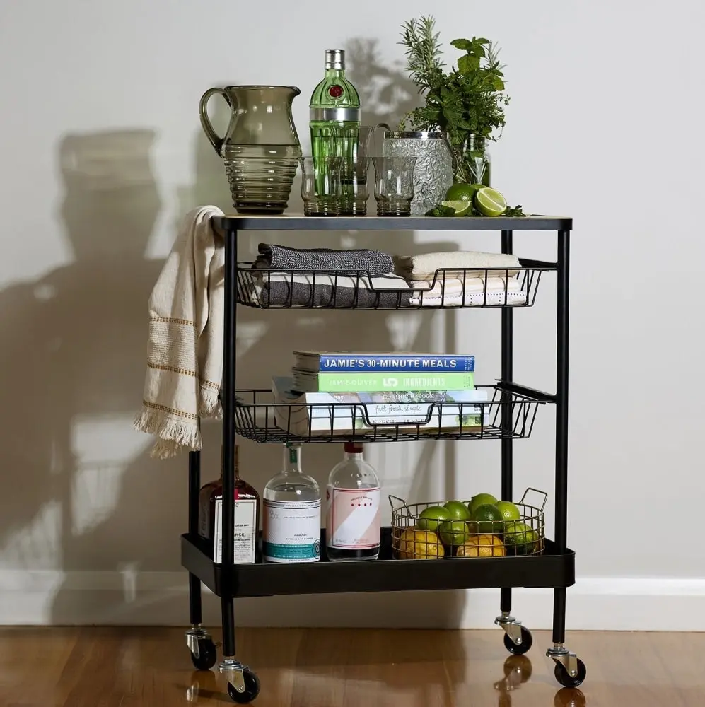 Sanna 3-Tier Kitchen Trolley Storage W/ Timber Bench Top - Black & Natural