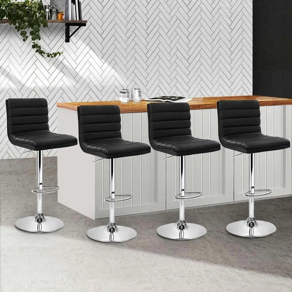 Set of 4 PU Leather Lined Pattern Bar Stools- Black and Chrome