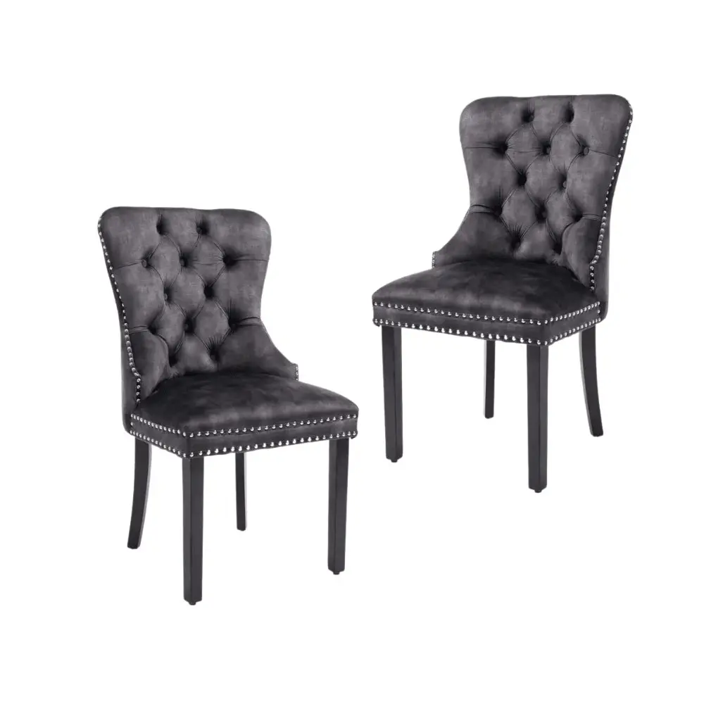 HomeStar Set Of 2 Regent Velvet Fabric Tufted Kitchen Dining Chair Solid Wood Legs - Luxe Grey