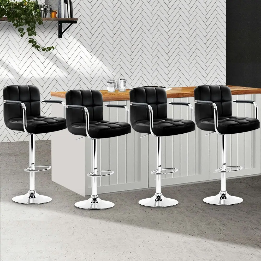 Set of 4 Bar Stools Gas lift Swivel Armrests - Steel and Black