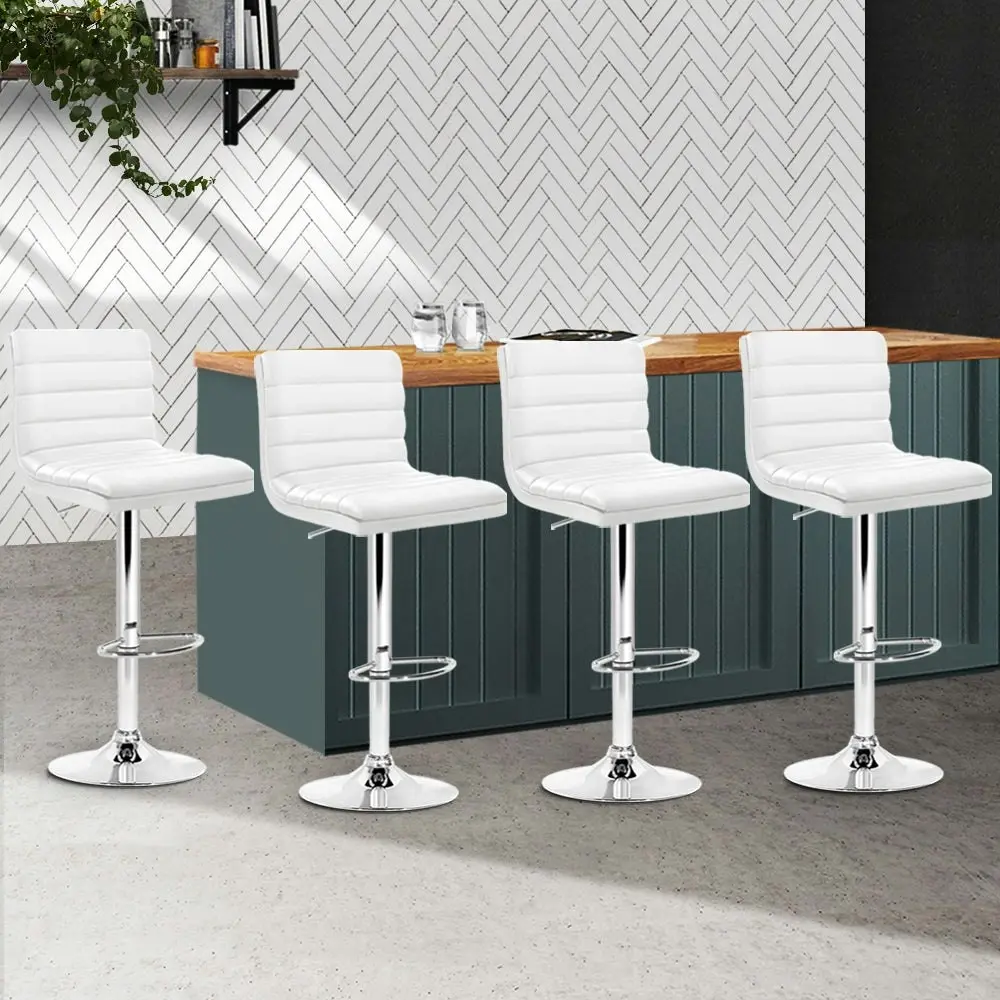 Set of 4 PU Leather Lined Pattern Bar Stools- White and Chrome