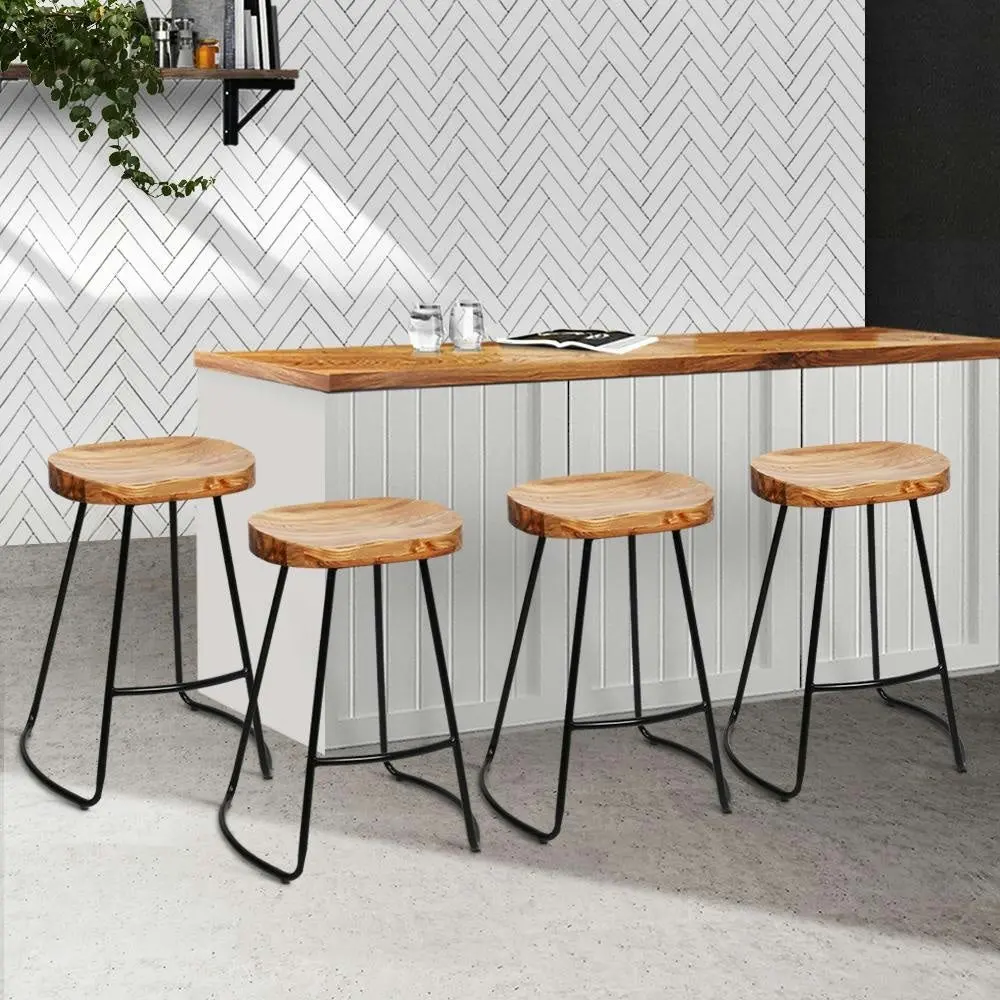 Set of 4 Elm Wood Backless Bar Stools 65cm - Black and Light Natural