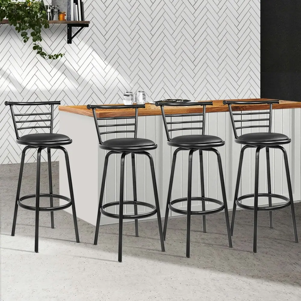 Set of 4 PU Leather Bar Stools - Black and Steel