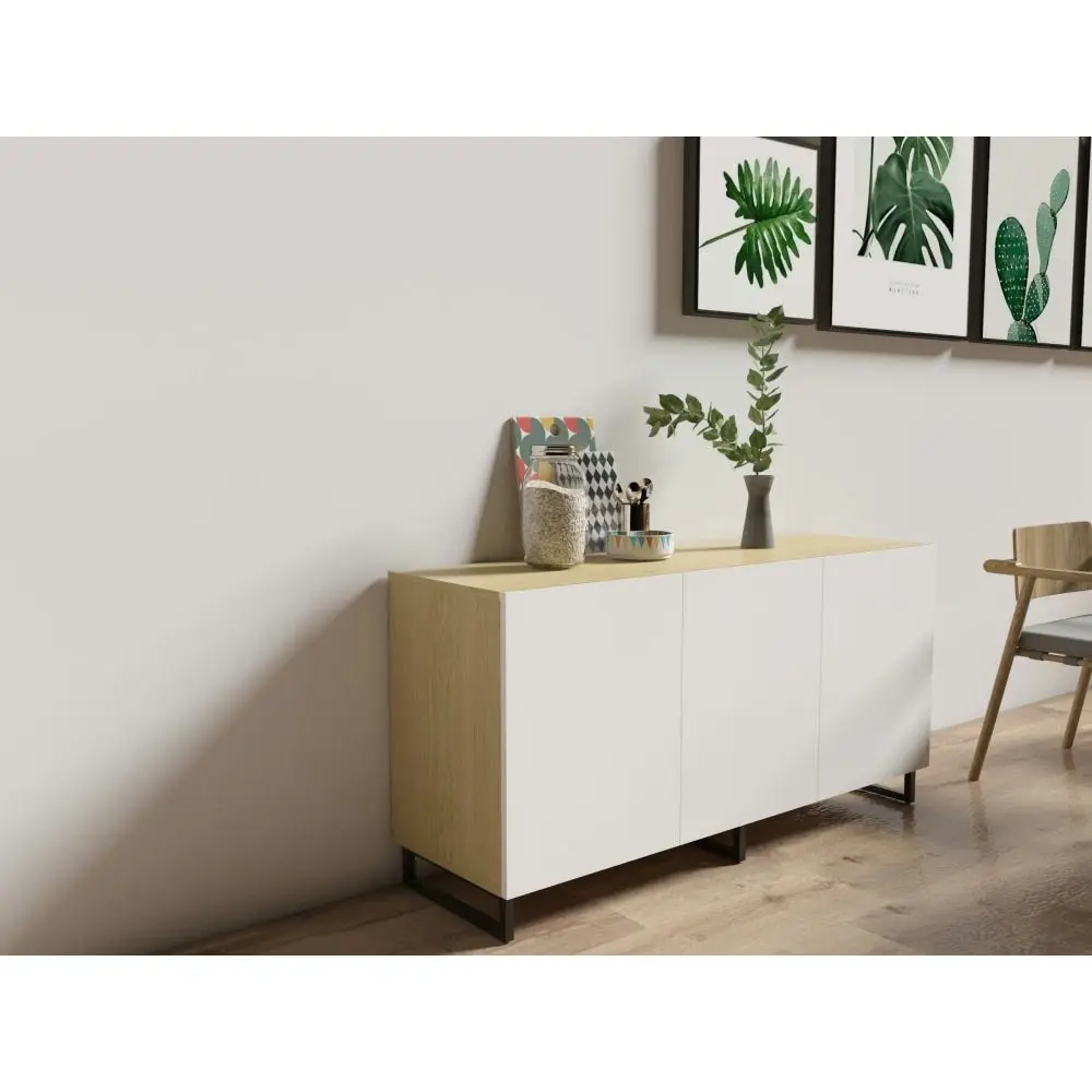 Design Square Otis Buffet Unit Sideboard W/ 3-Doors Storage Cabinet - Oak/White