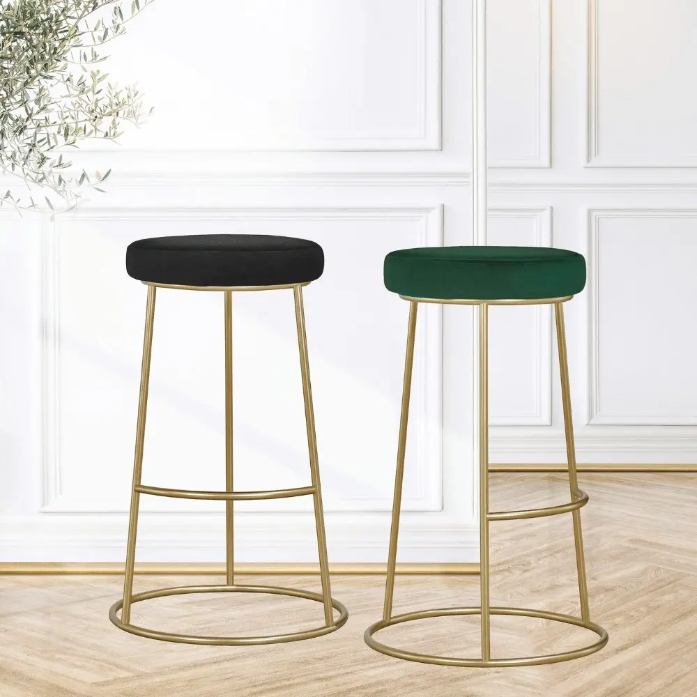 HomeStar Set of 2 Xyla Velvet Kitchen Bar Stool - Gold Metal Frame - Black