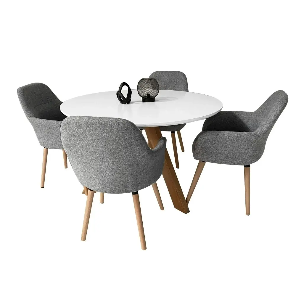 HomeStar 5Pc Dining Set Morrison Round Dining Table 120cm W/ 4 Pc Milan Fabric Dining Chairs Grey