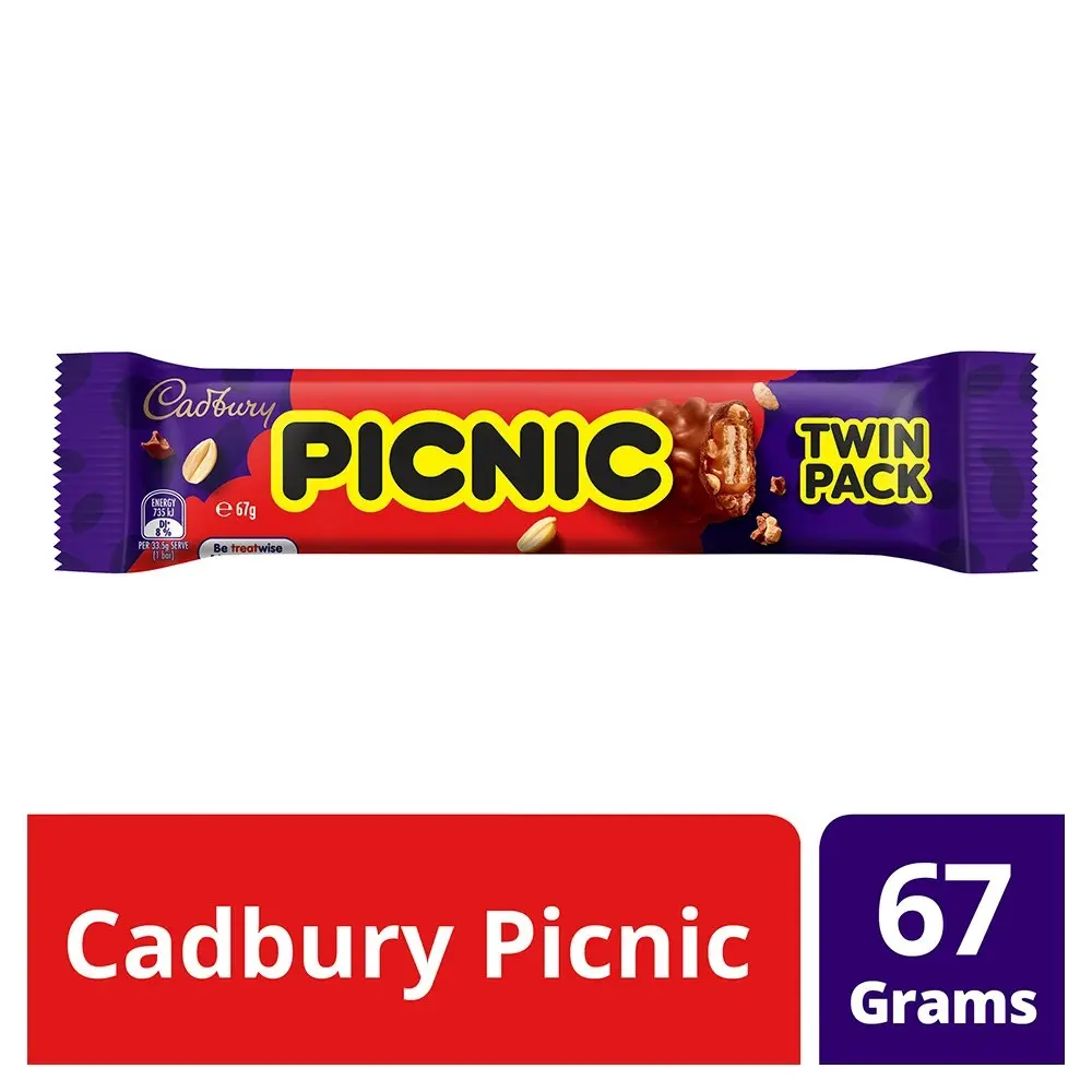 25pc Cadbury Picnic Milk Chocolate Bar 67g Twin Pack Wafer Caramel Choco Sweets