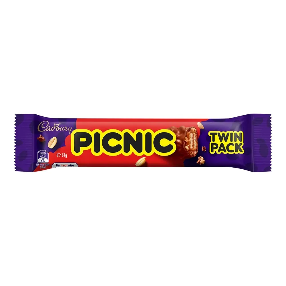 25pc Cadbury Picnic Milk Chocolate Bar 67g Twin Pack Wafer Caramel Choco Sweets