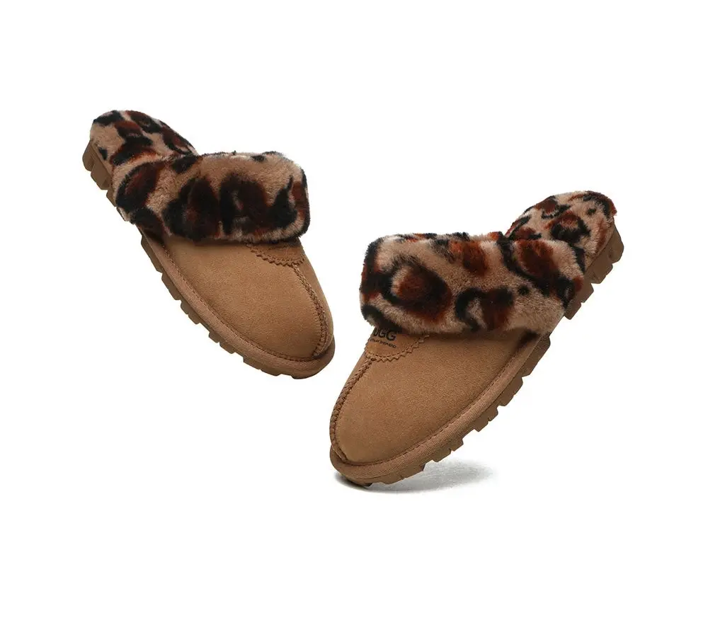 UGG Slippers Double Face Sheepskin Women Leopard Print Slipper