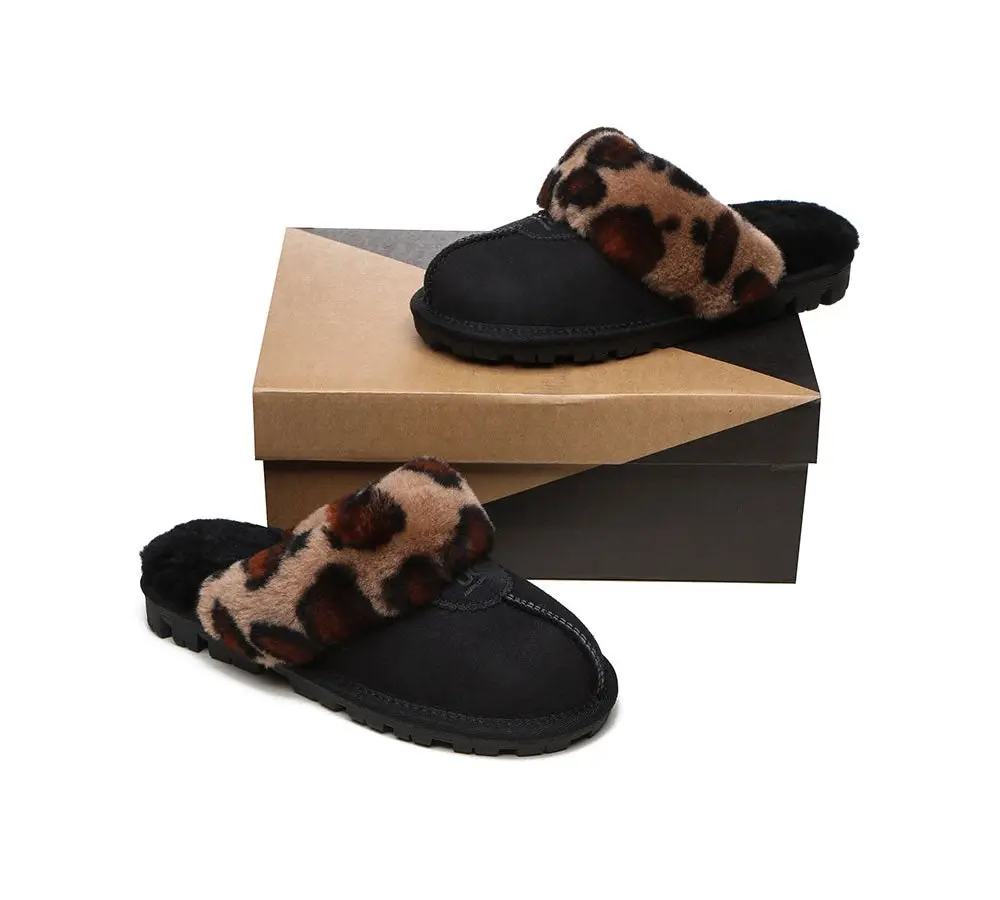 UGG Slippers Double Face Sheepskin Women Leopard Print Slipper