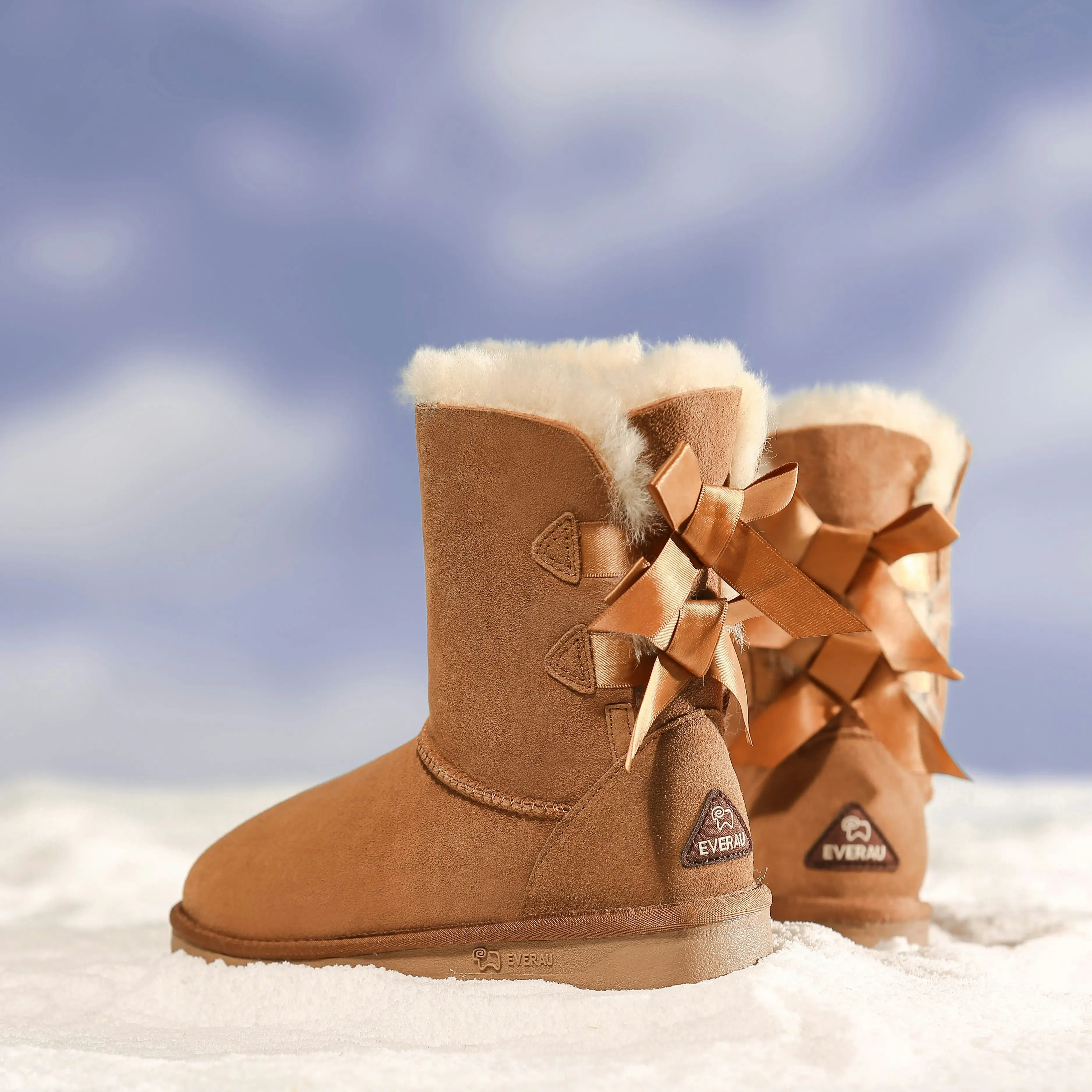 EVERAU®UGG Double Faced Sheepskin Twin bow-knots Short Back Boots