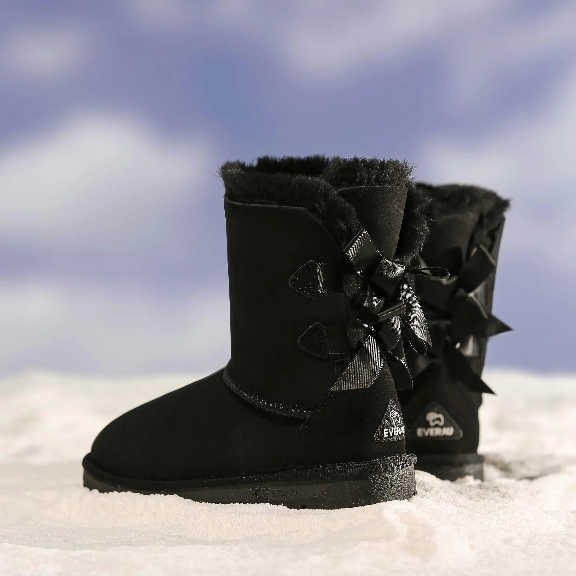 EVERAU®UGG Double Faced Sheepskin Twin bow-knots Short Back Boots