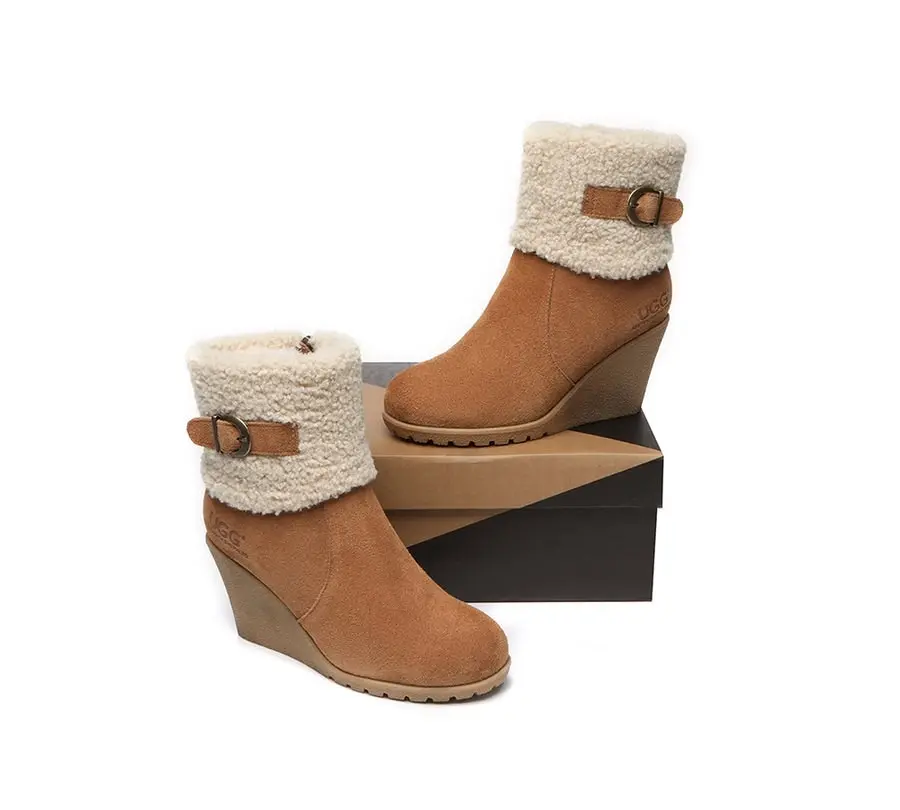 UGG Australian Shepherd Zipper Sheepskin Shearling Wedge Fashion Boots Women Joanna