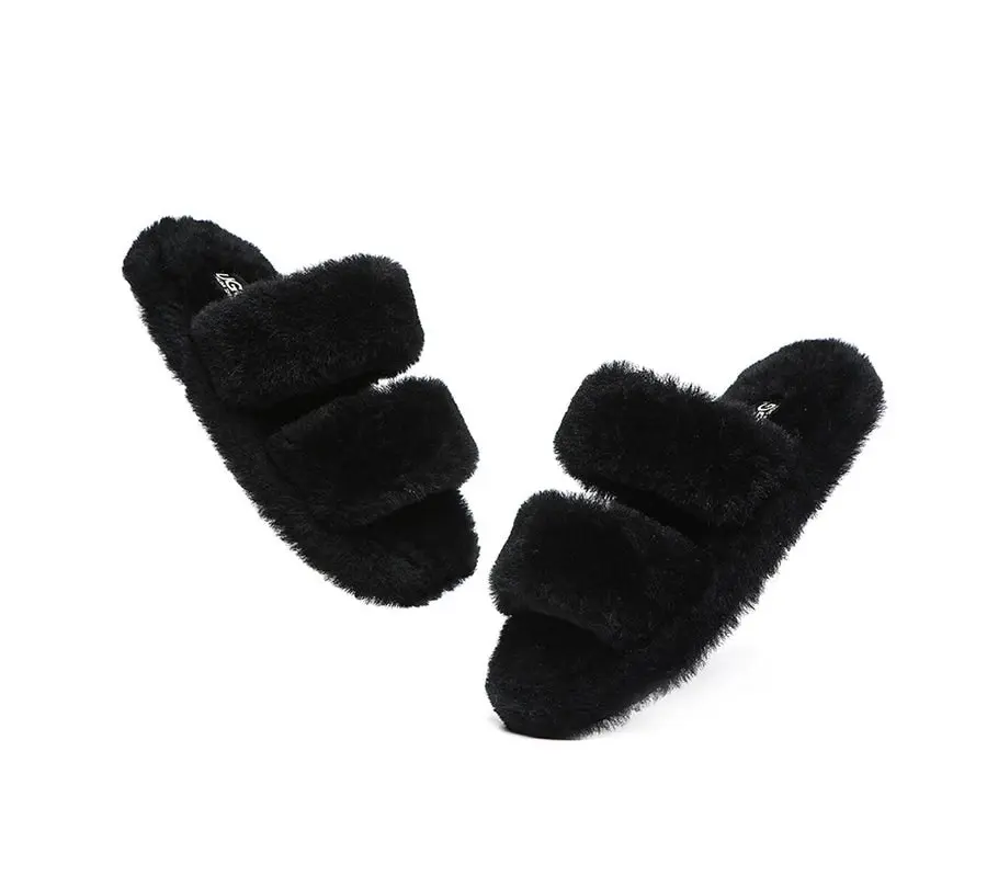 UGG Australian Shepherd Double Strap Sheepskin Wool Fluffy Slides Women Jessica