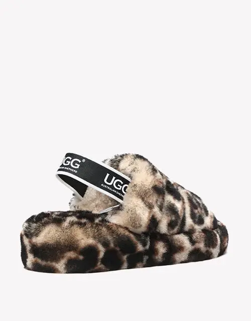 Australian Shepherd® Leopard Print Fluffy Slides Sheepskin Wool Women Pamela