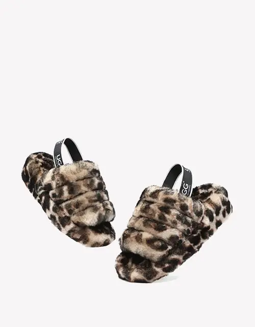 Australian Shepherd® Leopard Print Fluffy Slides Sheepskin Wool Women Pamela