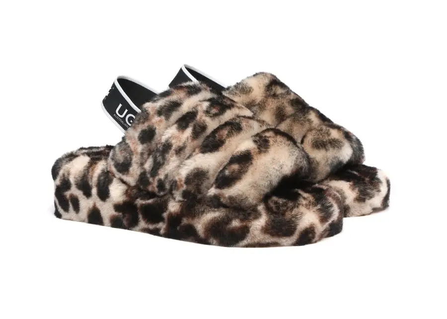 Australian Shepherd® Leopard Print Fluffy Slides Sheepskin Wool Women Pamela