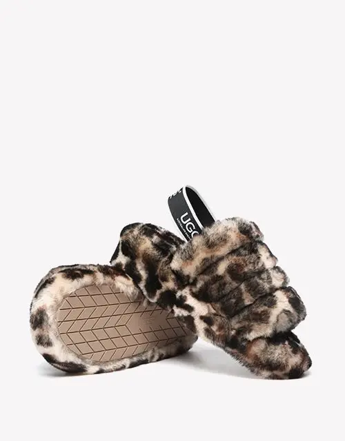 Australian Shepherd® Leopard Print Fluffy Slides Sheepskin Wool Women Pamela