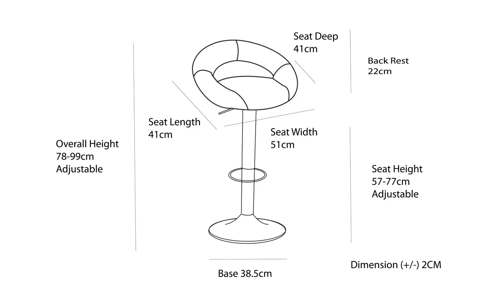 2 Curve Leather Barstools (Black) w/ Adjustable Height, 78-99cm