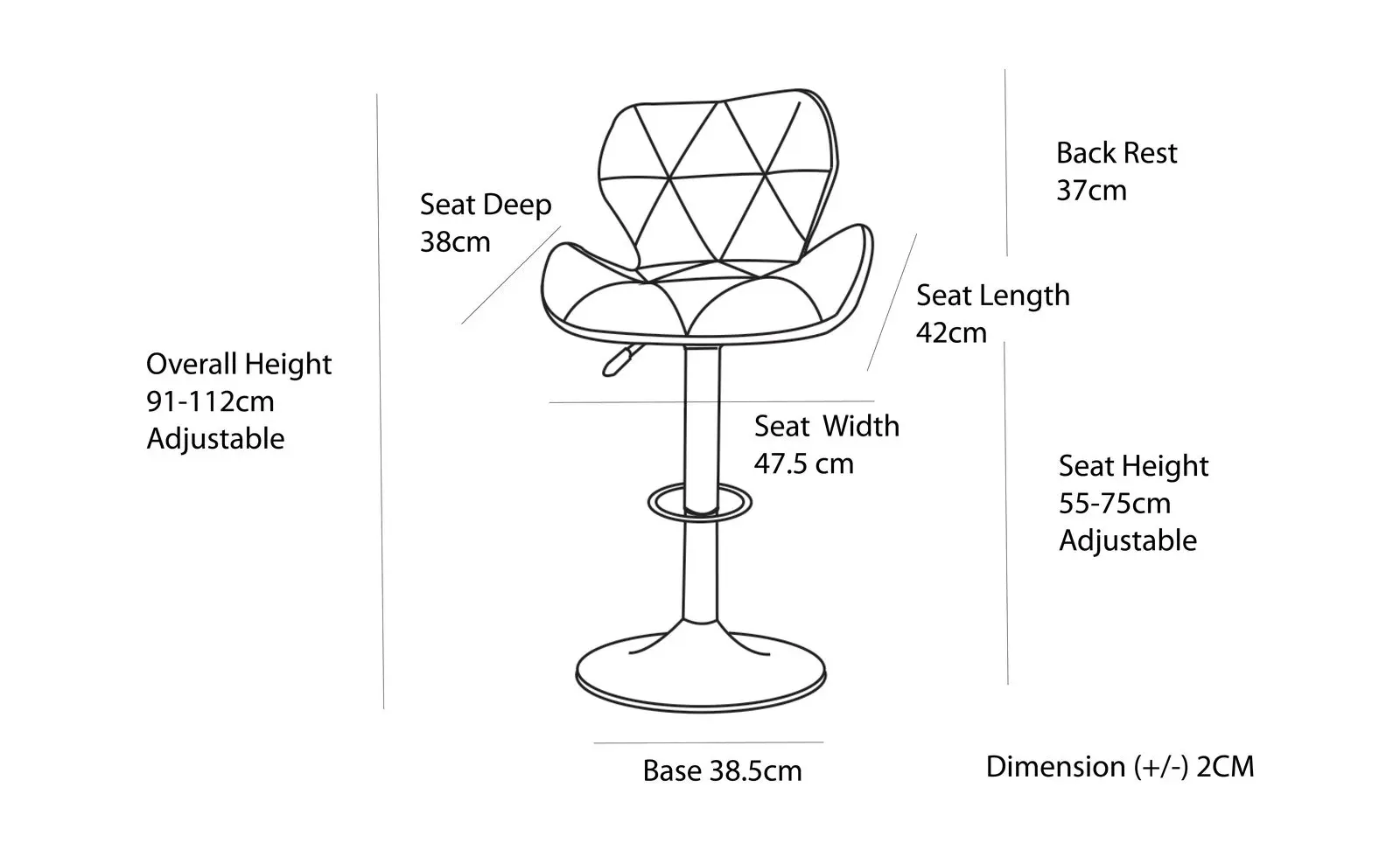 2 Comfortable Bar Stools (White) w/ Adjustable Height, 90-112cm