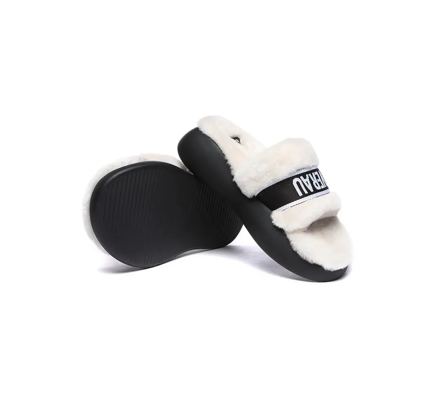 EVERAU High Platform Sheepskin Wool Slides Women Flossy Slipper