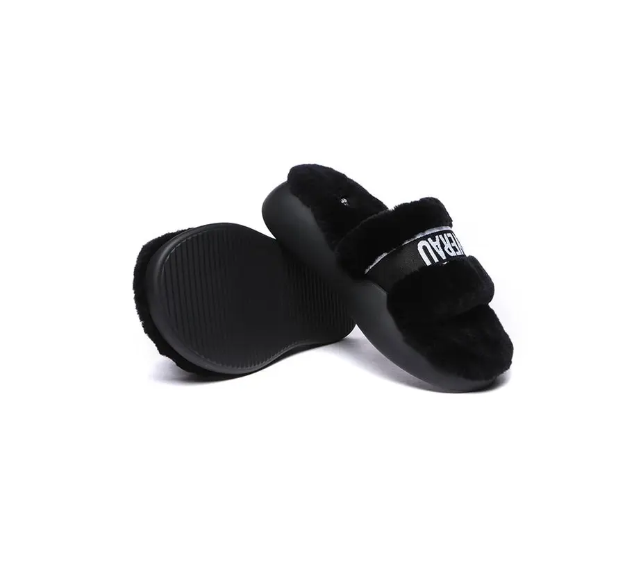 EVERAU High Platform Sheepskin Wool Slides Women Flossy Slipper