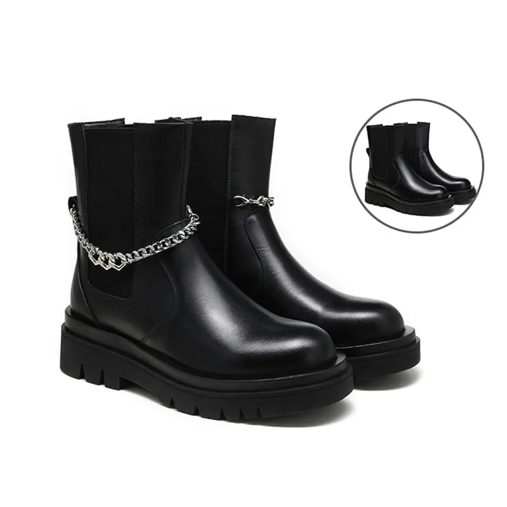 EVERAU Black Leather Ankle Boots with Removable Metal Chain Decor Women Cheska