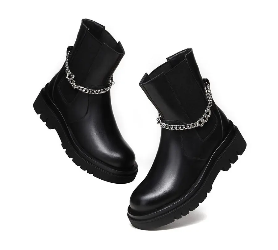 EVERAU Black Leather Ankle Boots with Removable Metal Chain Decor Women Cheska