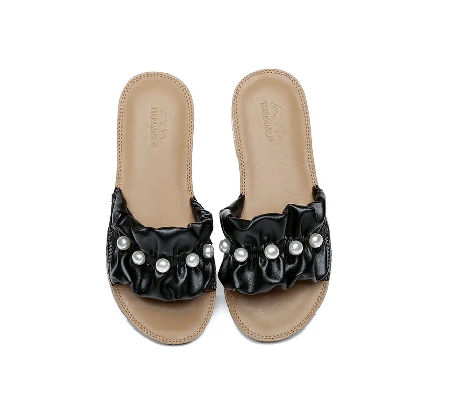 Tarramarra® Leather Flat Slides Ultra Soft With Pearls Women Linita