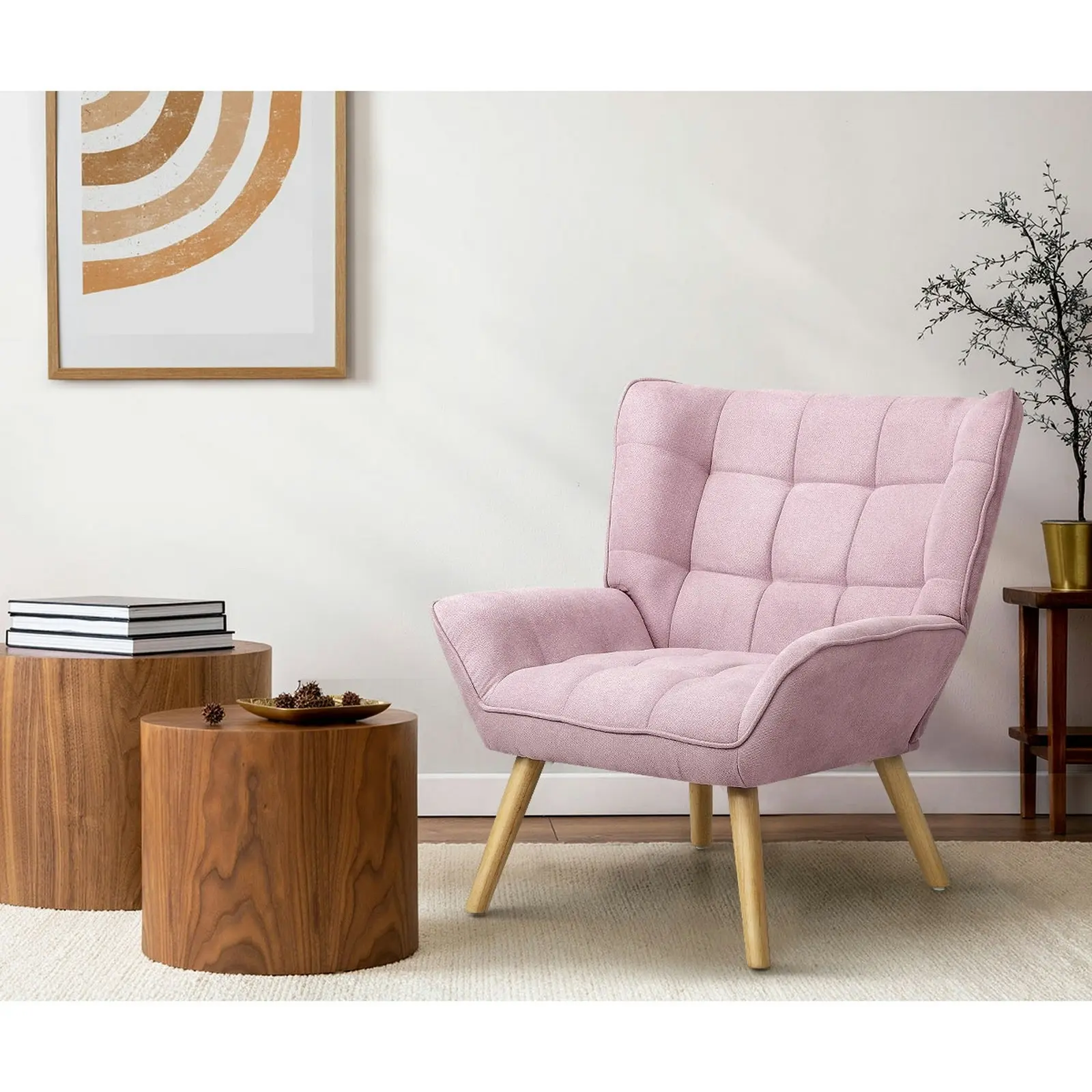 Oikiture Armchair Accent Chairs Sofa Lounge Fabric Upholstered Tub Chair Pink