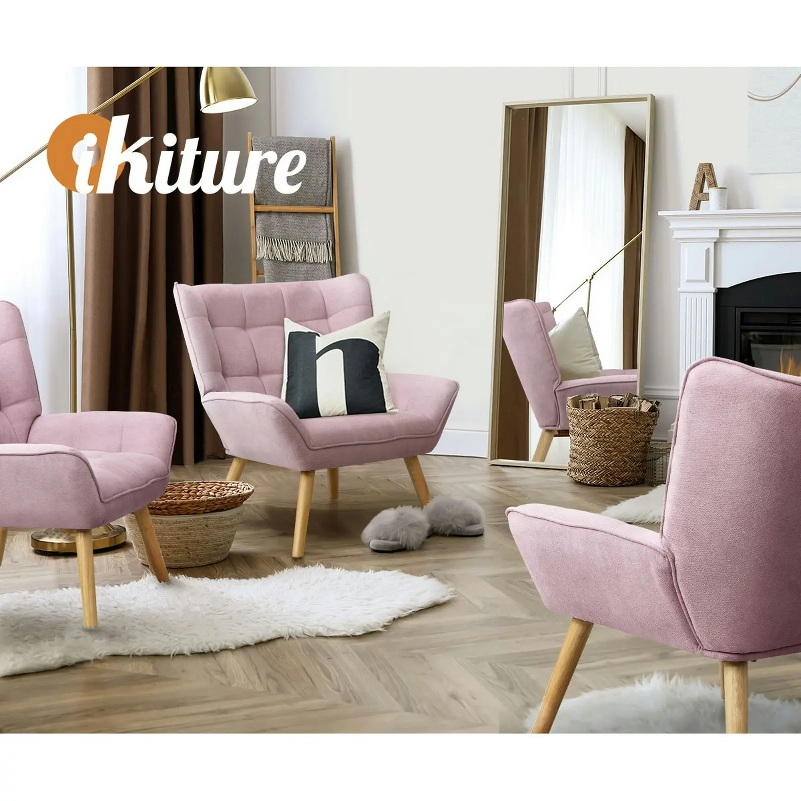 Oikiture Armchair Accent Chairs Sofa Lounge Fabric Upholstered Tub Chair Pink