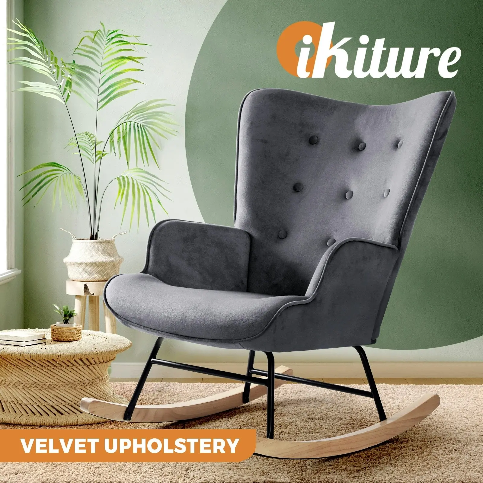 Oikiture Rocking Chair Nursing Armchair Velvet Accent Chairs Upholstered Grey1