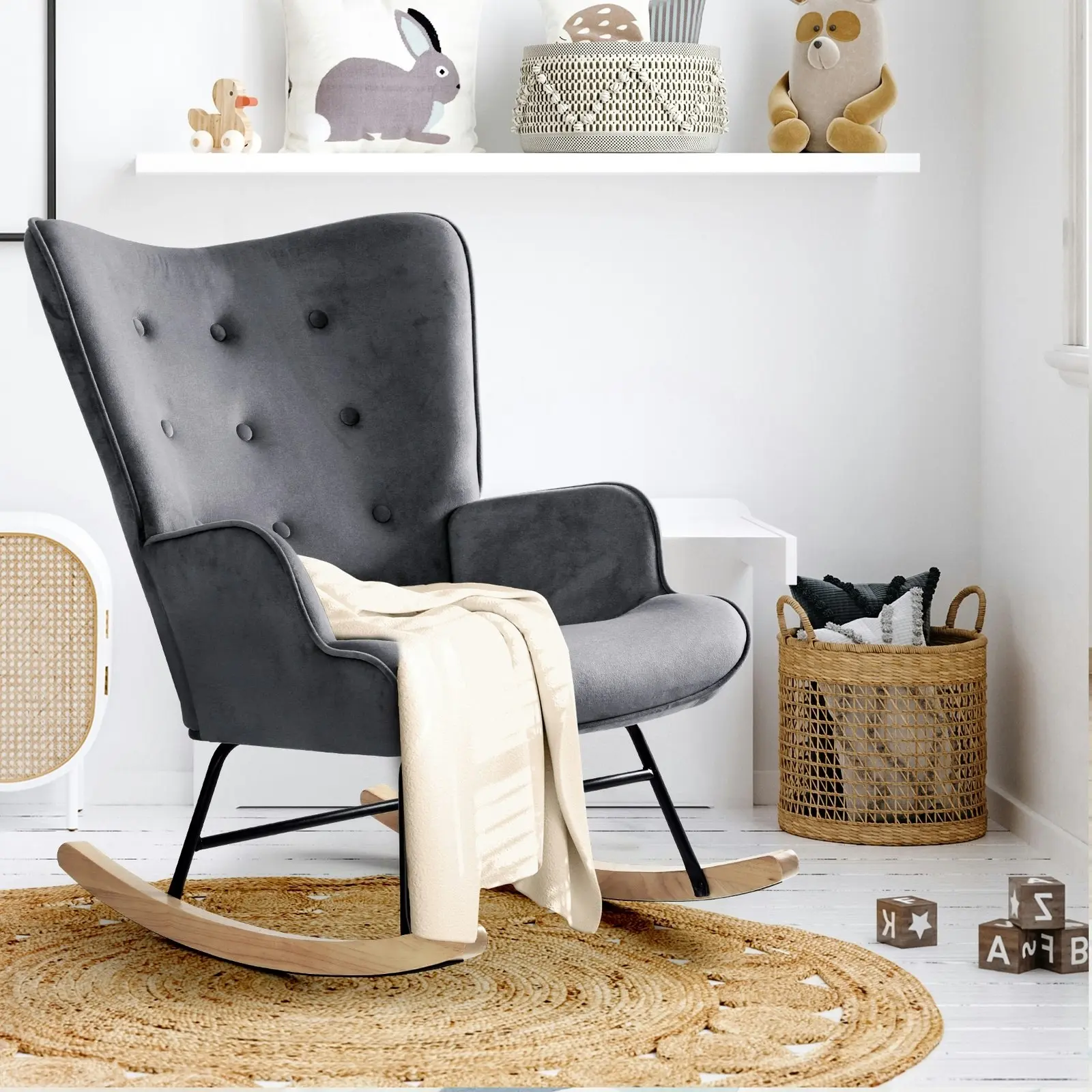 Oikiture Rocking Chair Nursing Armchair Velvet Accent Chairs Upholstered Grey1