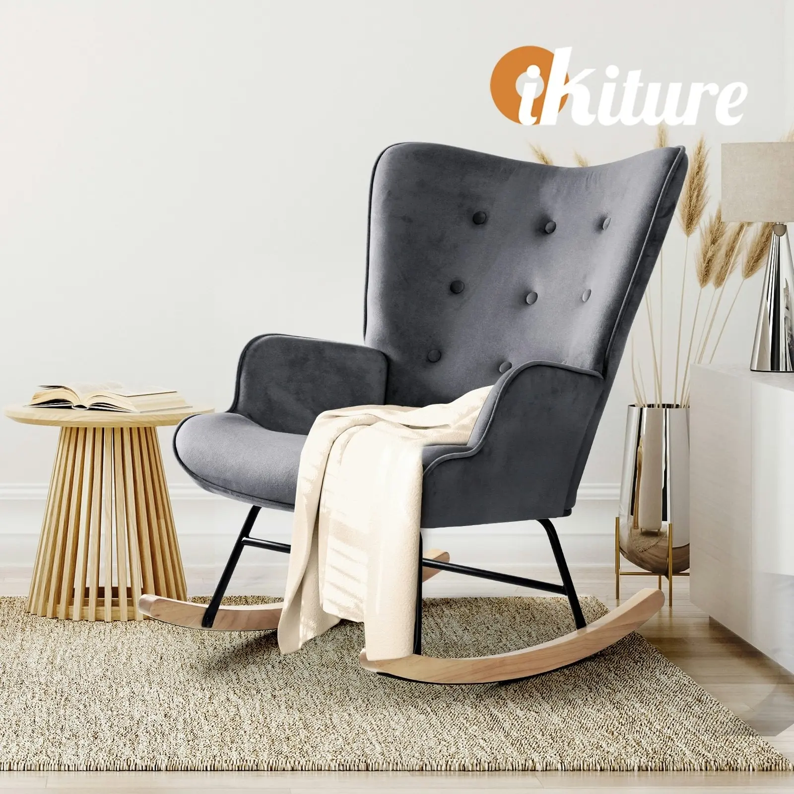 Oikiture Rocking Chair Nursing Armchair Velvet Accent Chairs Upholstered Grey1