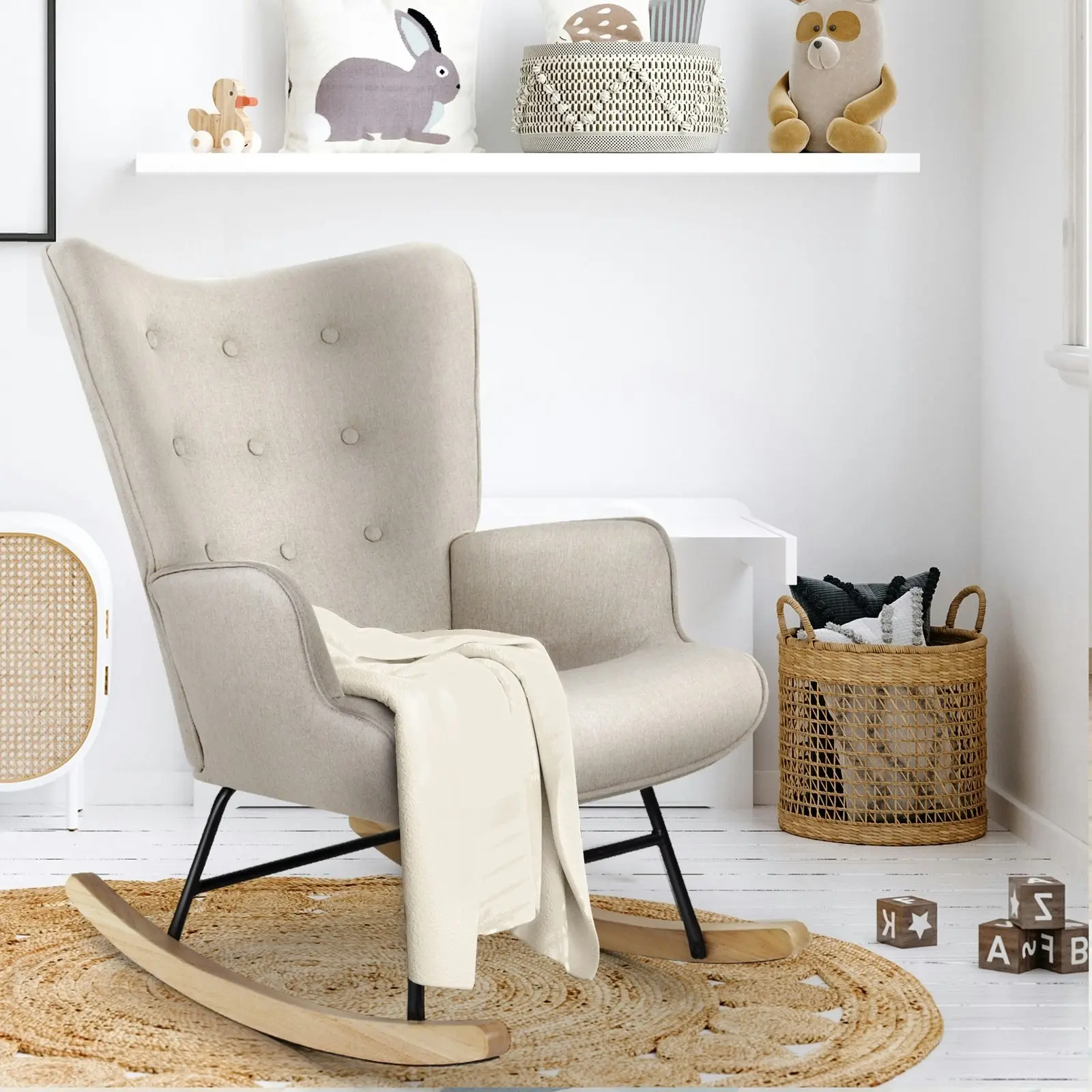 Oikiture Rocking Chair Nursing Armchair Linen Accent Chairs Upholstered Beige