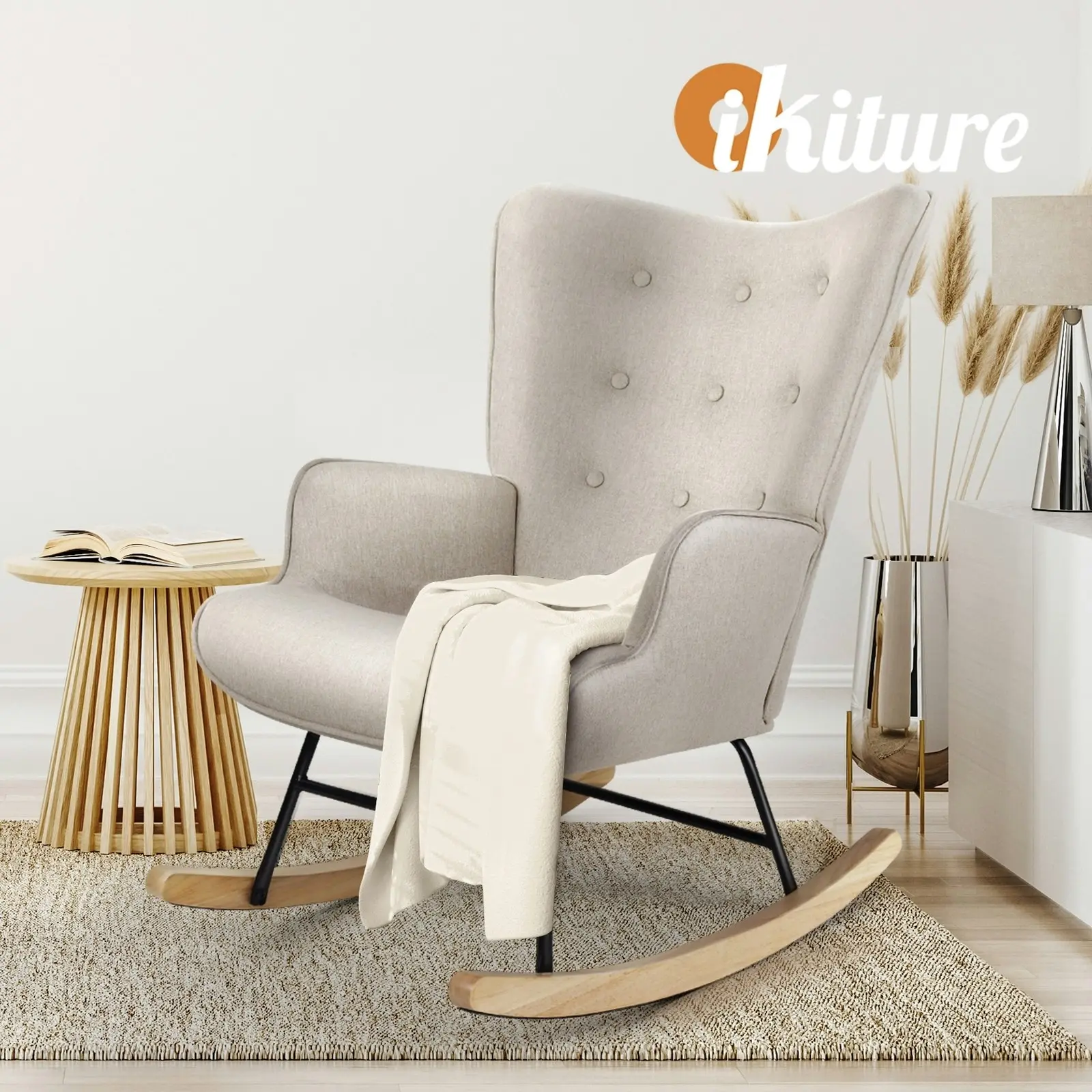 Oikiture Rocking Chair Nursing Armchair Linen Accent Chairs Upholstered Beige